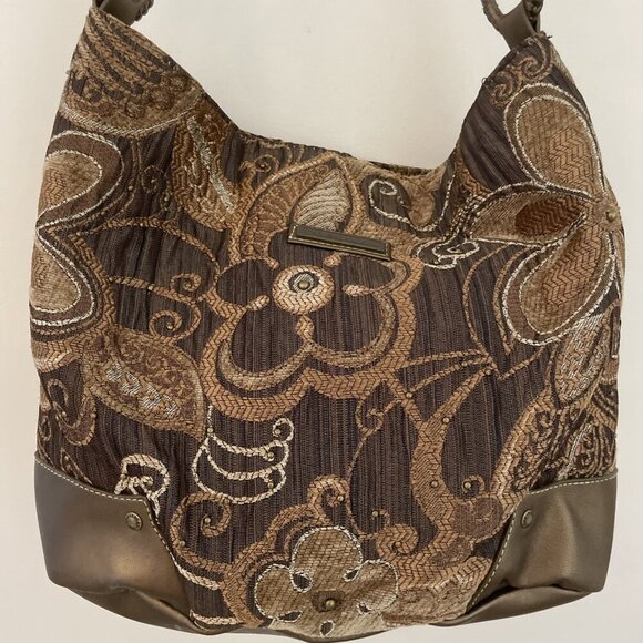Caribbean Joe Shoulder Handbag Tote Brown Floral Tapestry Faux Leather Trim Boho - Picture 2 of 14